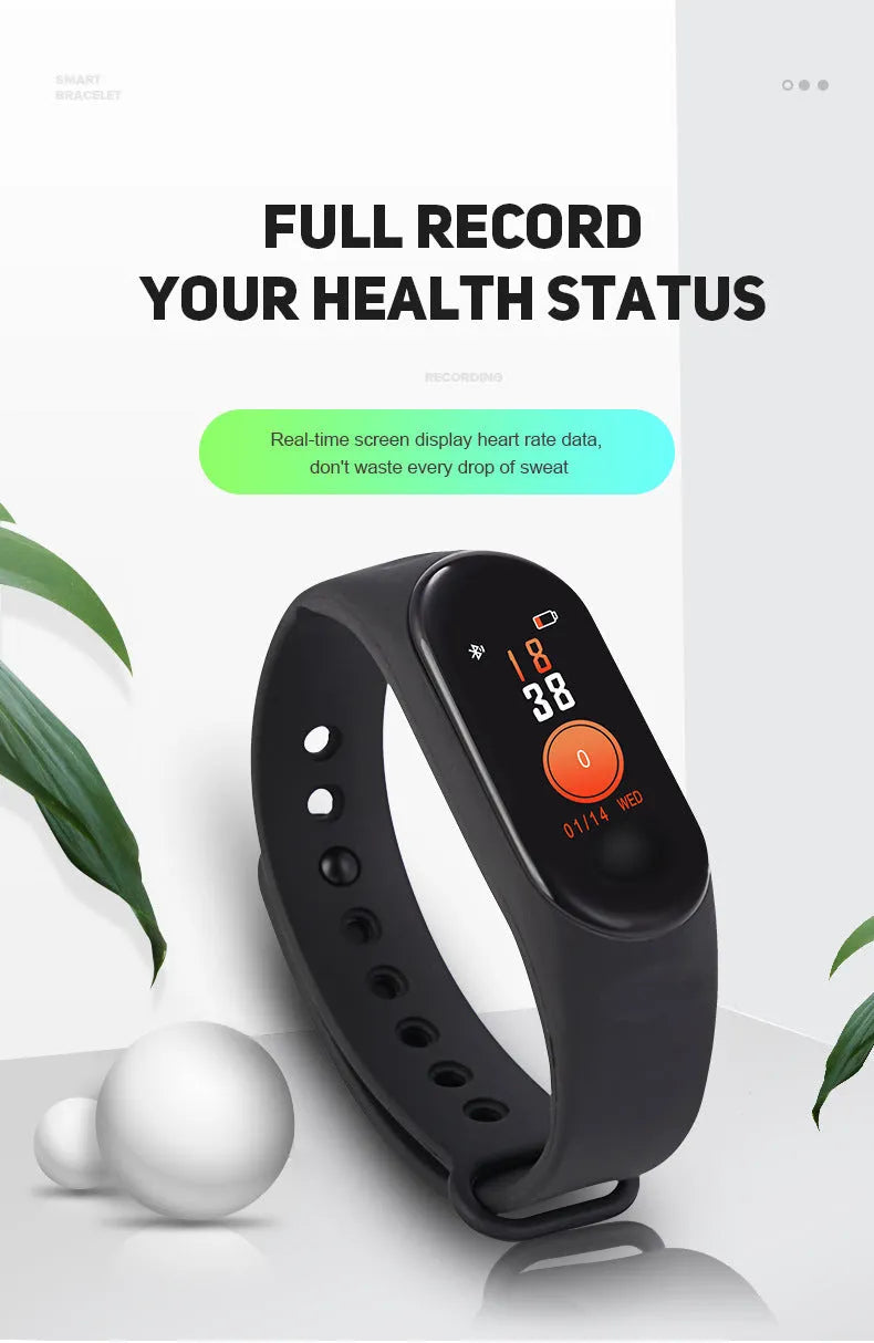 M3 Smart Bracelet with colour screen showing fitness stats on a black TPE wrist strap.