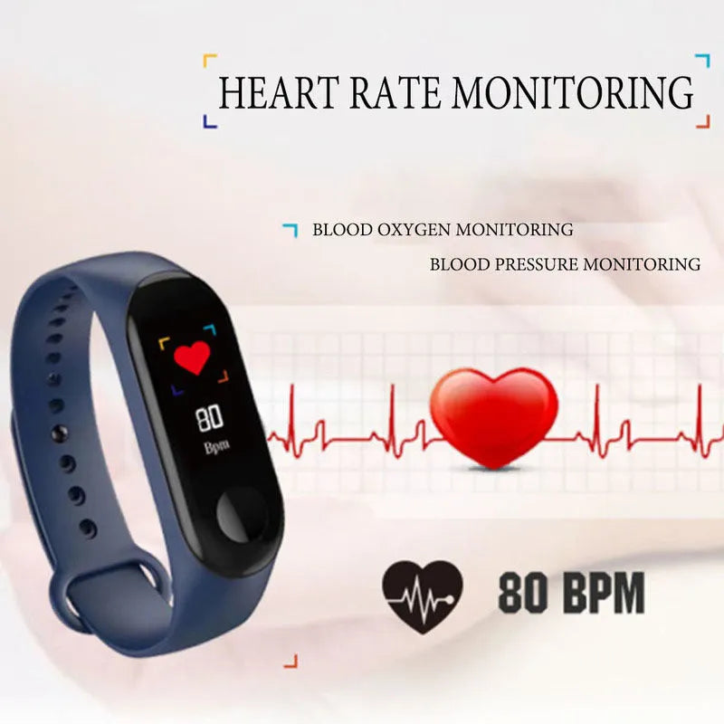 M3 Smart Bracelet with colour screen showing fitness stats on a black TPE wrist strap.