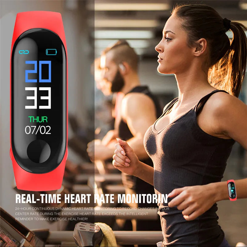 M3 Smart Bracelet with colour screen showing fitness stats on a black TPE wrist strap.