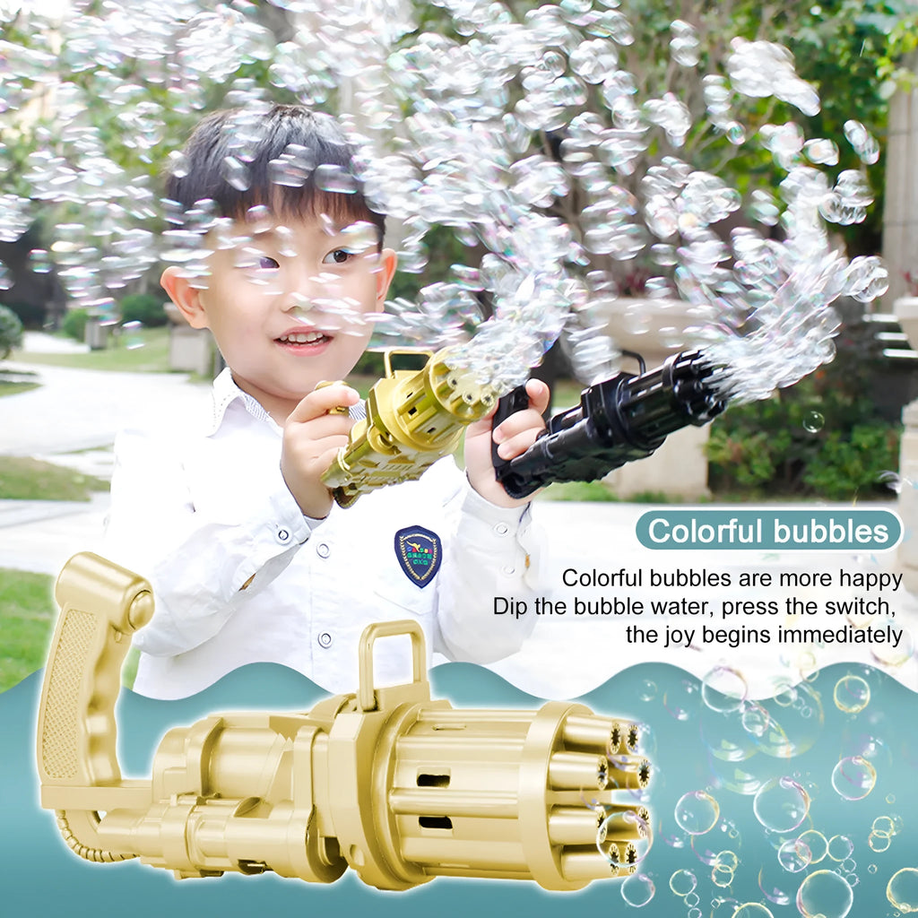 Children's bubble machine gun toy in pink, gold or black with battery compartment and trigger operation