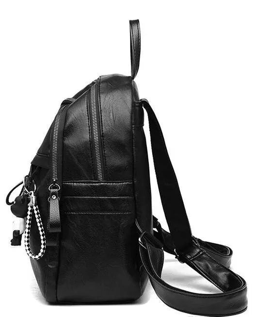 Black PU leather backpack with double straps showing ID compartment organisation