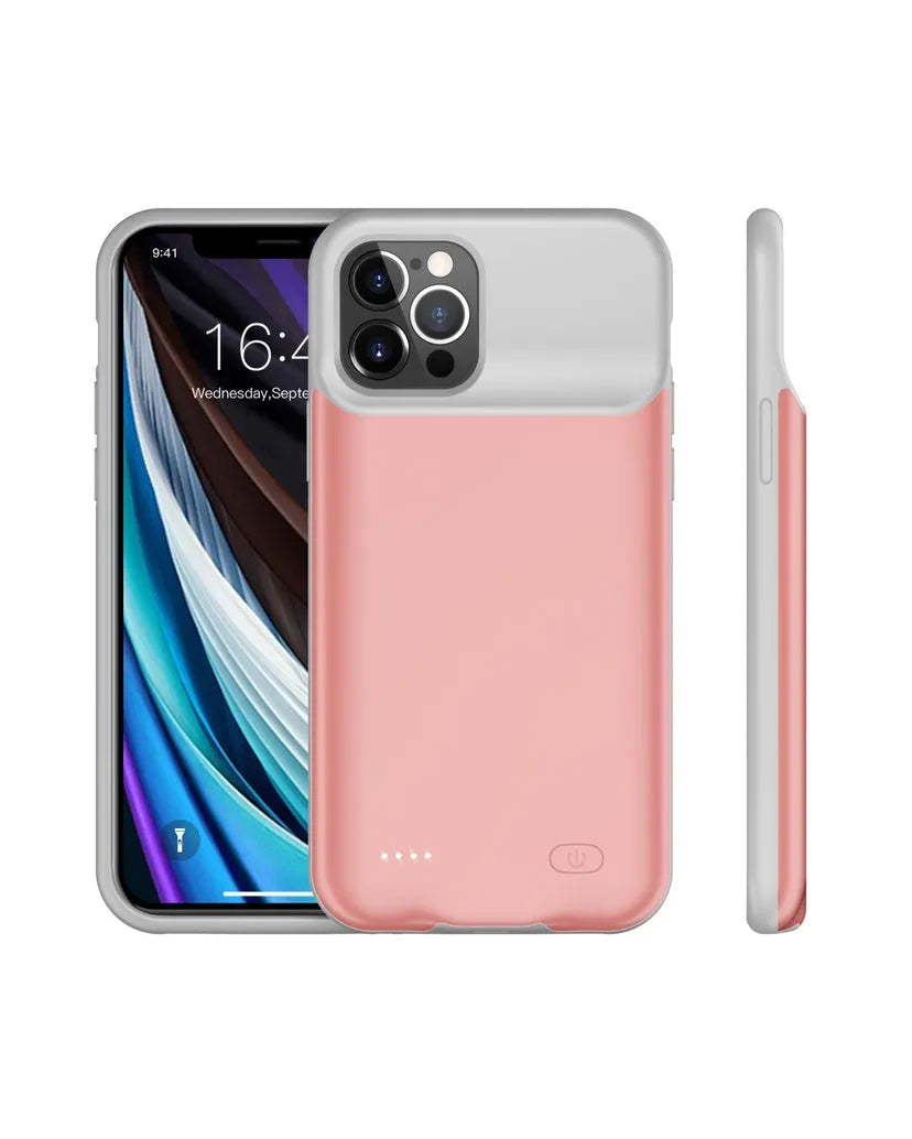 Shockproof silicone iPhone battery charger case in black, blue, pink, or white, showing integrated high-capacity battery.