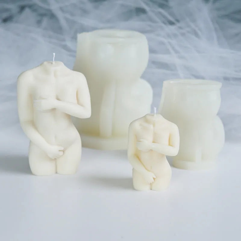 Shy Female Body silicone candle mould in flexible silica gel, shown in three size variations.