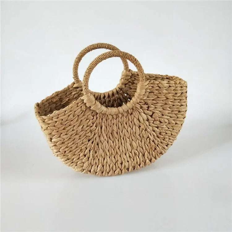 Women's rattan woven half-round handbag with open top, 39cm wide mouth, in khaki colour