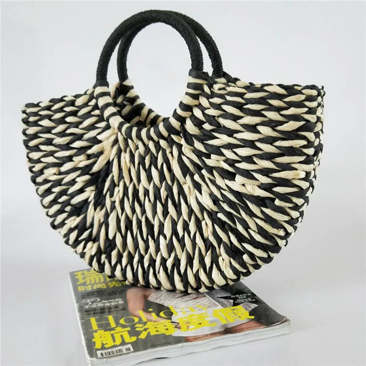 Women's rattan woven half-round handbag with open top, 39cm wide mouth, in khaki colour