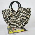 Women's rattan woven half-round handbag with open top, 39cm wide mouth, in khaki colour