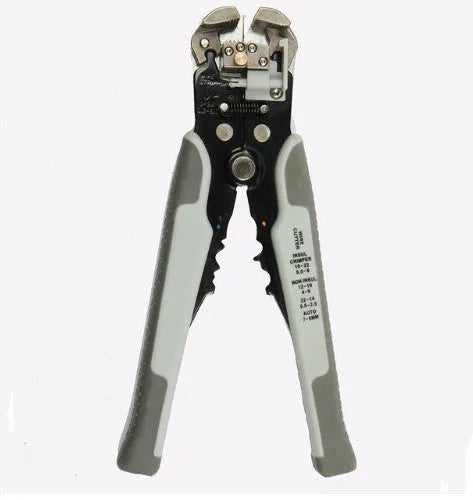 Yellow automatic wire stripper tool with crimping jaws and cutting blade