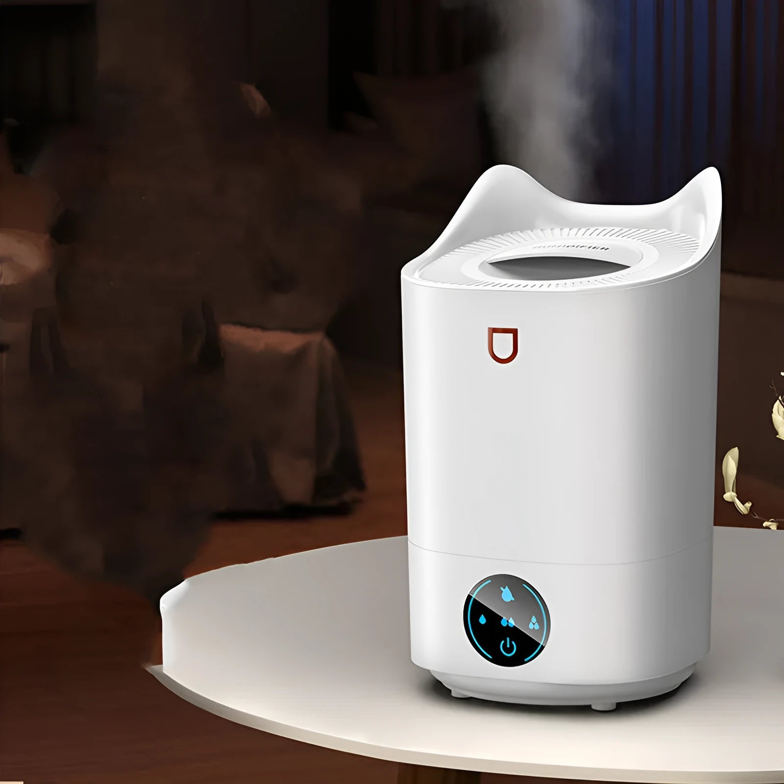 White double spray humidifier with USB cable and three mist outlets on a wooden table.