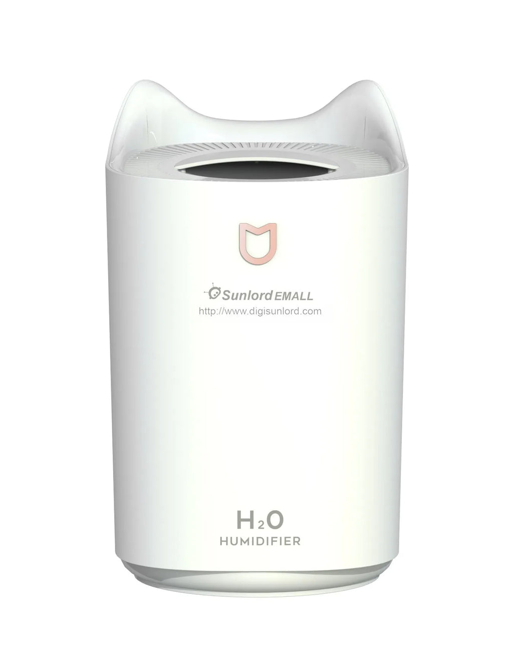 White double spray humidifier with USB cable and three mist outlets on a wooden table.