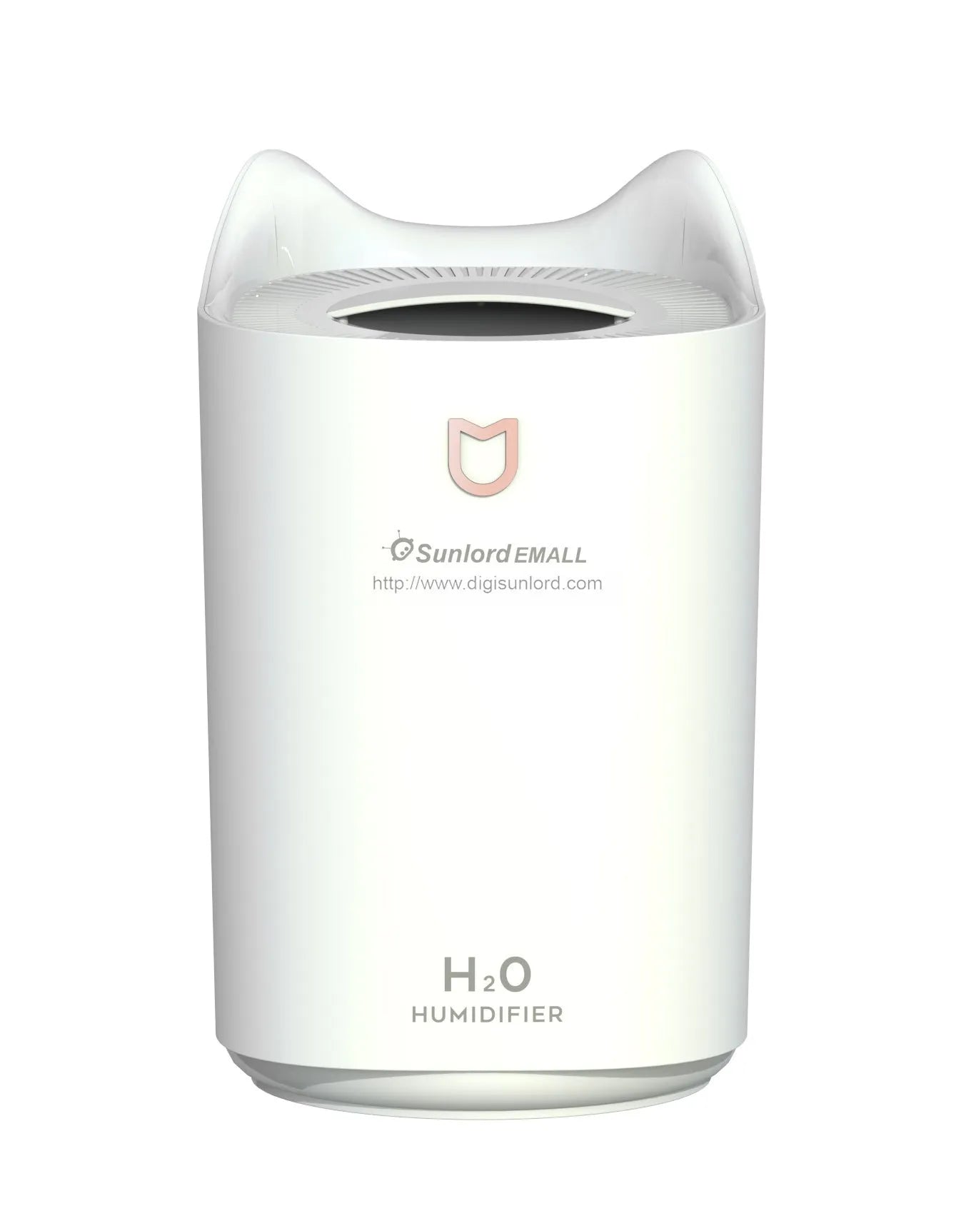 White double spray humidifier with USB cable and three mist outlets on a wooden table.