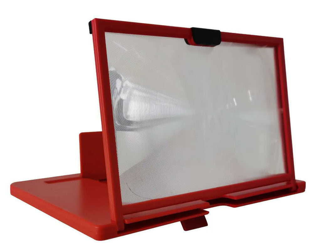 A black desktop mobile phone screen magnifier holder showing a phone placed inside, with a large magnifying glass screen.