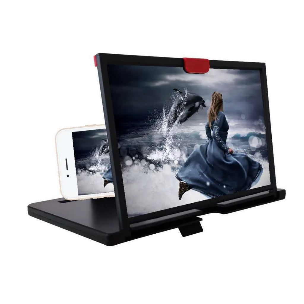 A black desktop mobile phone screen magnifier holder showing a phone placed inside, with a large magnifying glass screen.