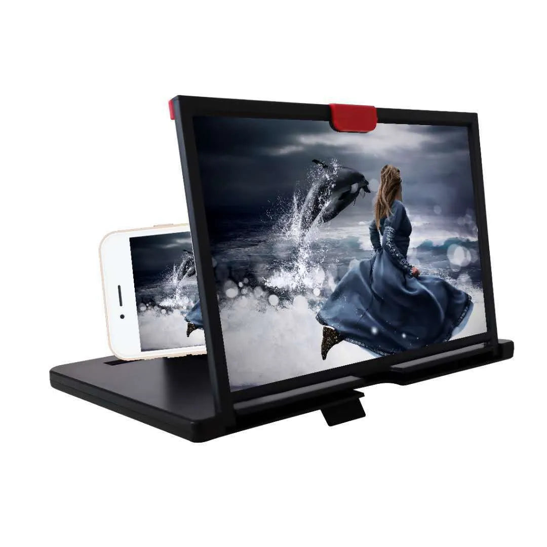 A black desktop mobile phone screen magnifier holder showing a phone placed inside, with a large magnifying glass screen.