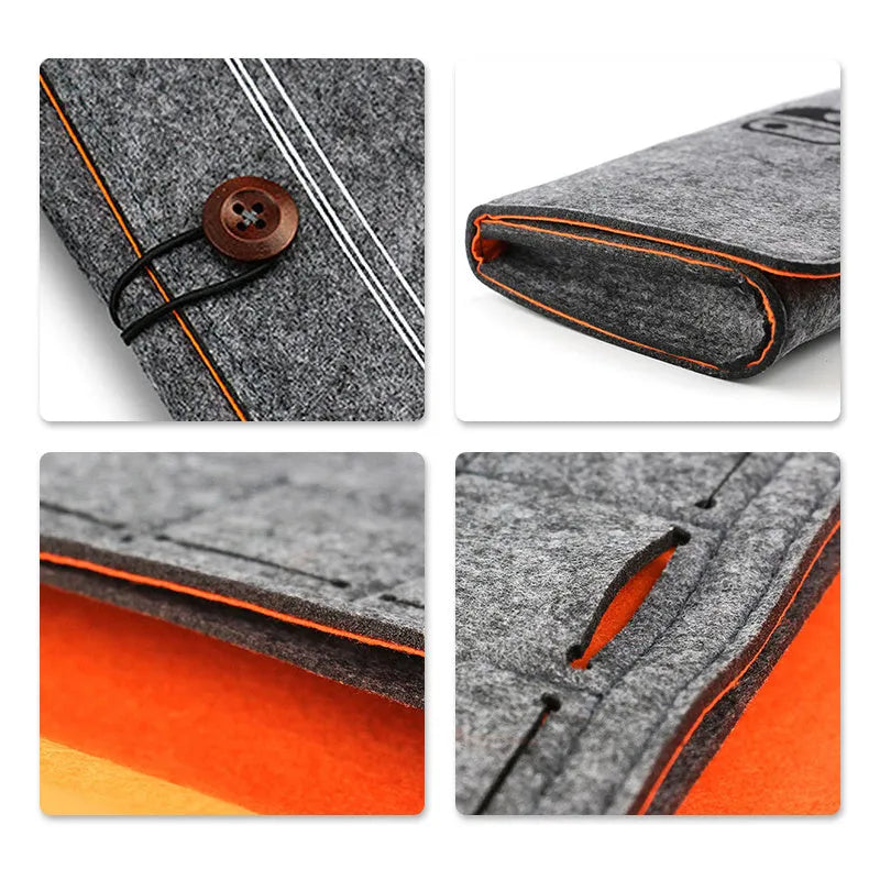 Black felt pouch case for Nintendo Switch open to show console and game card slots