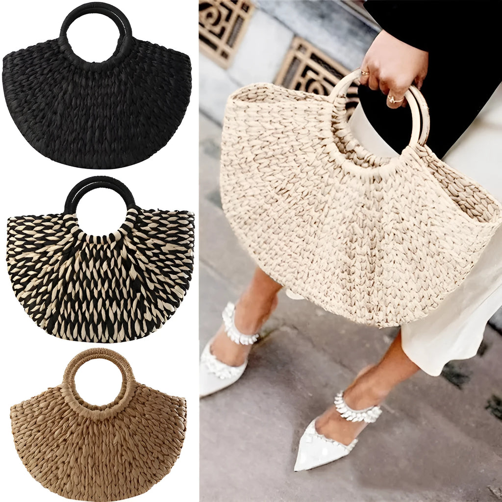 Women's rattan woven half-round handbag with open top, 39cm wide mouth, in khaki colour