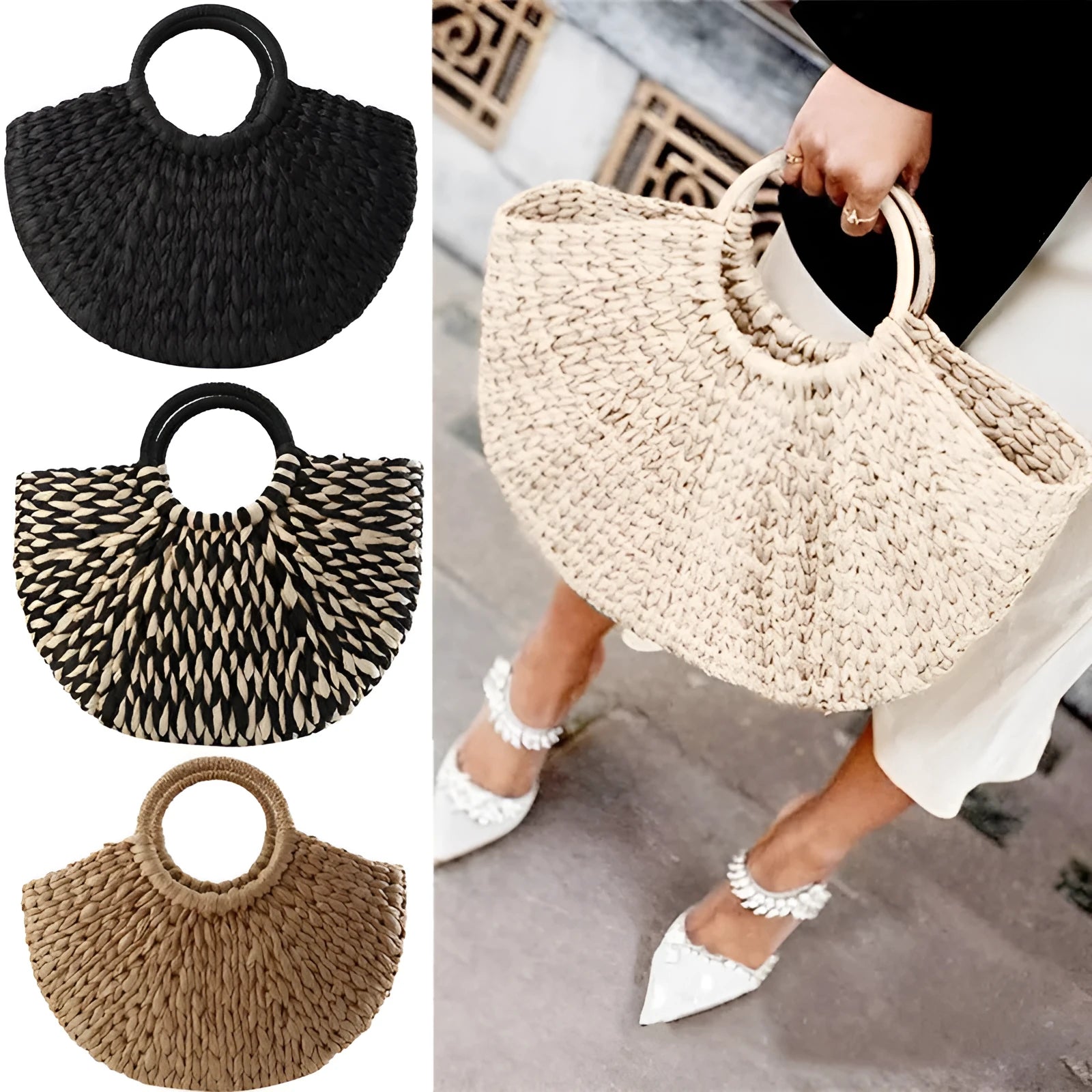 Women's rattan woven half-round handbag with open top, 39cm wide mouth, in khaki colour