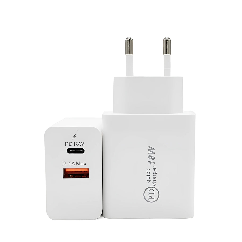 18W USB-C PD fast charger with US plug in black bare metal finish showing USB port