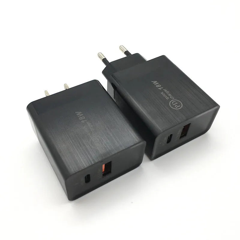 18W USB-C PD fast charger with US plug in black bare metal finish showing USB port