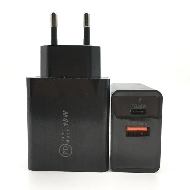 18W USB-C PD fast charger with US plug in black bare metal finish showing USB port