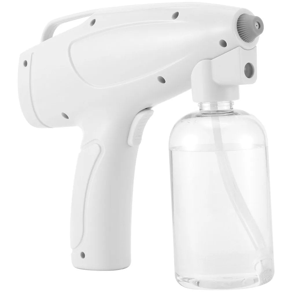White handheld cordless electric spray disinfection gun with USB charging cable