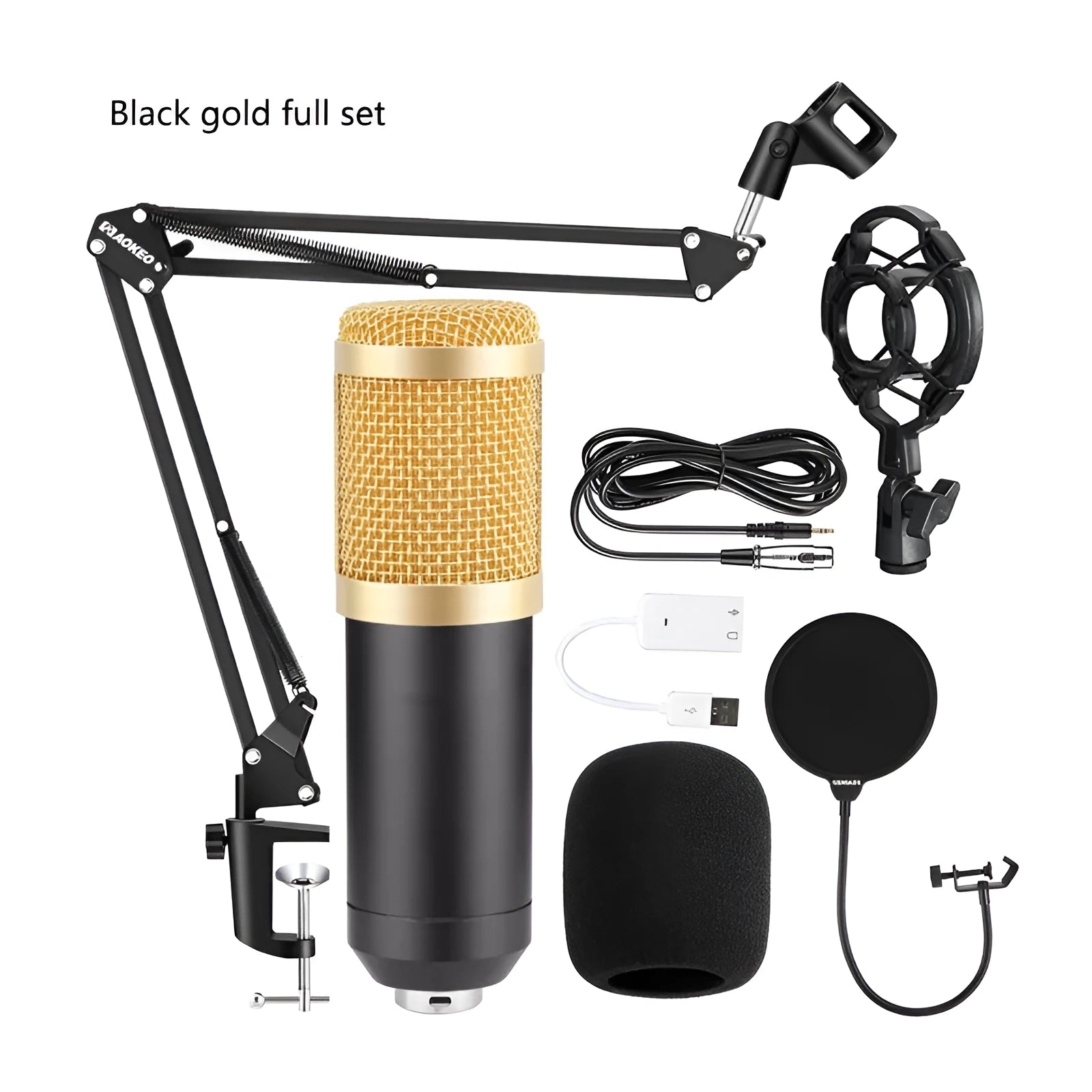 BM800 condenser microphone with V8 sound card mounted on a black cantilever bracket with pop filter, in a complete streaming kit.