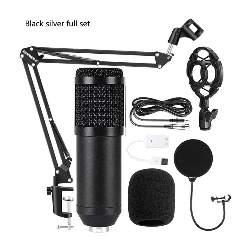 BM800 condenser microphone with V8 sound card mounted on a black cantilever bracket with pop filter, in a complete streaming kit.