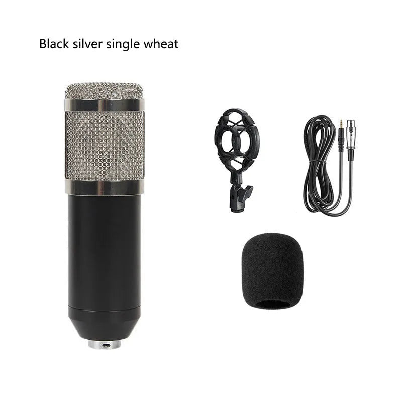 BM800 condenser microphone with V8 sound card mounted on a black cantilever bracket with pop filter, in a complete streaming kit.
