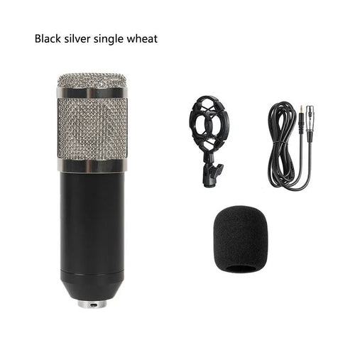 BM800 condenser microphone with V8 sound card mounted on a black cantilever bracket with pop filter, in a complete streaming kit.
