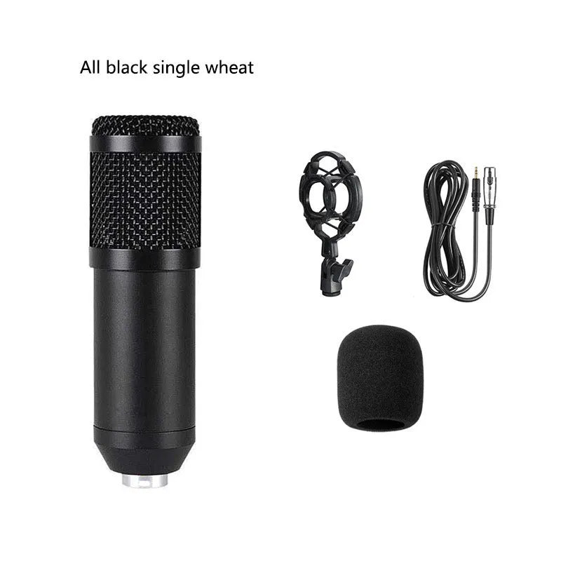 BM800 condenser microphone with V8 sound card mounted on a black cantilever bracket with pop filter, in a complete streaming kit.