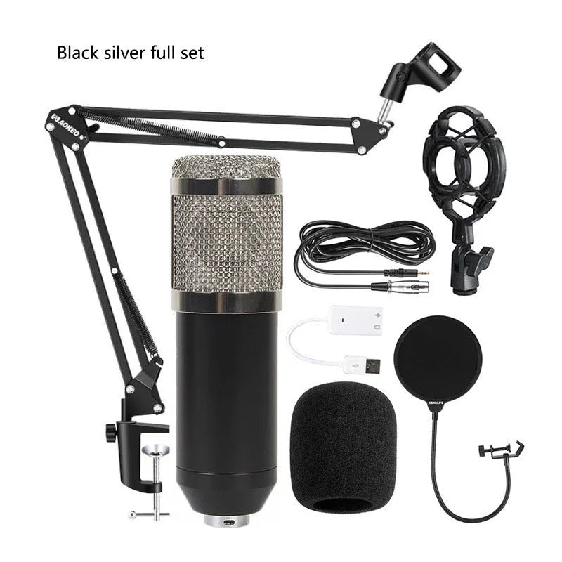 BM800 condenser microphone with V8 sound card mounted on a black cantilever bracket with pop filter, in a complete streaming kit.