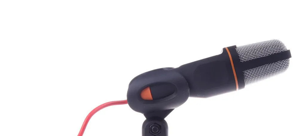 Black wired microphone with clip holder for PC and laptop voice chat and karaoke use
