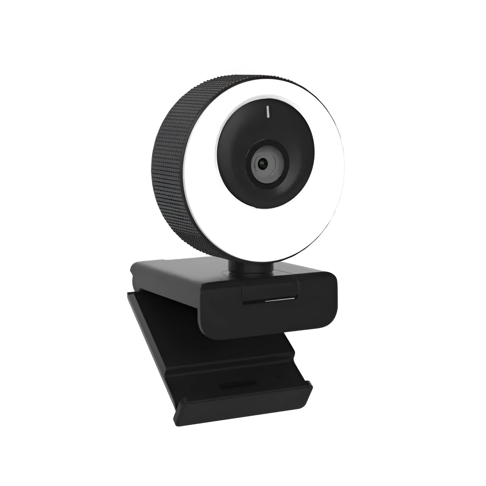 Black USB webcam with a magnetic privacy cover on a desk next to a laptop.