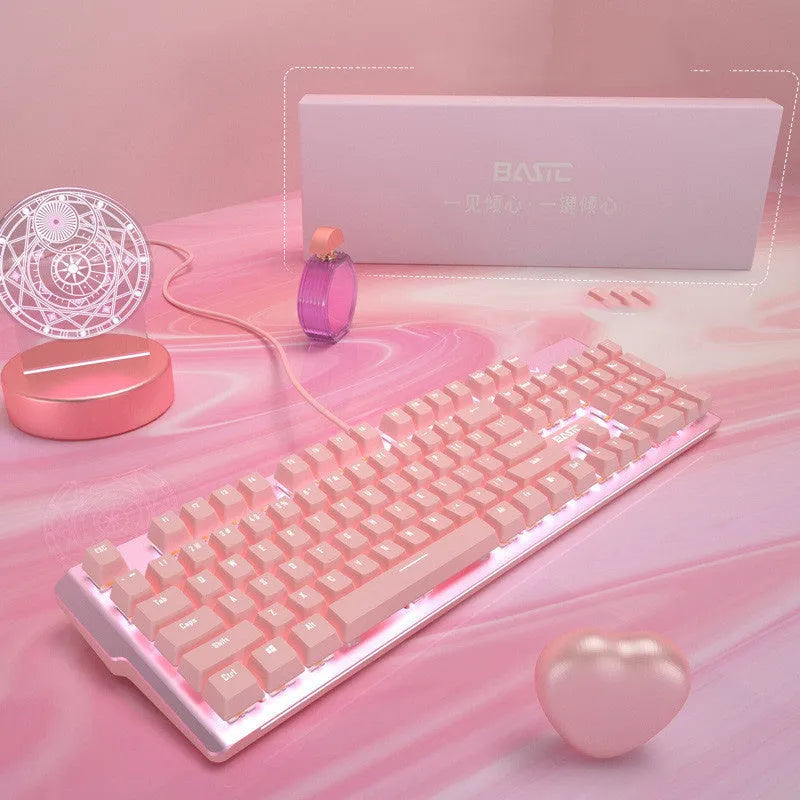Pink mechanical keyboard and wired gaming mouse set with USB connection