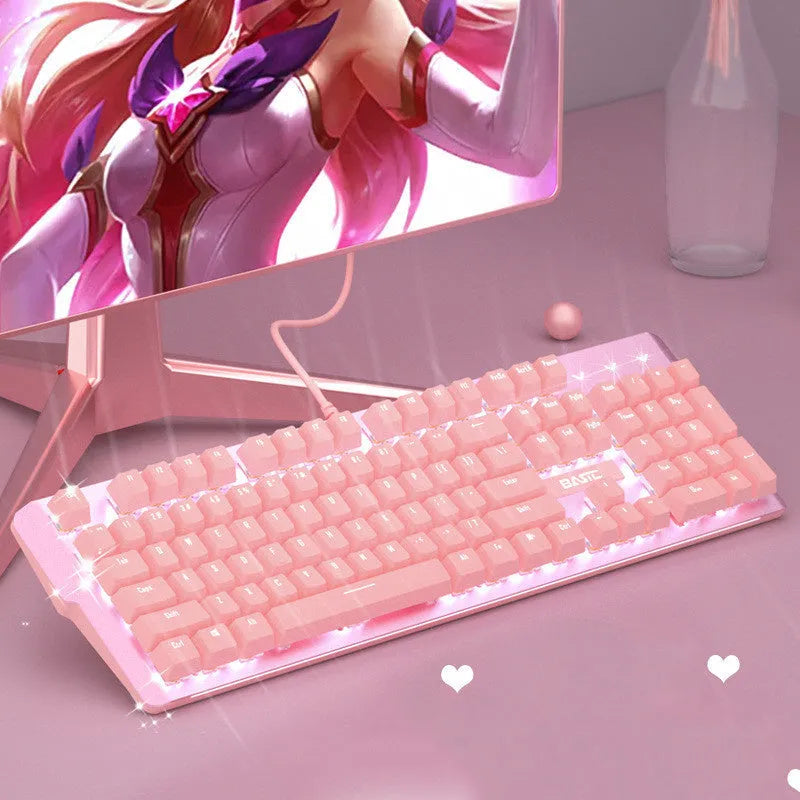 Pink mechanical keyboard and wired gaming mouse set with USB connection