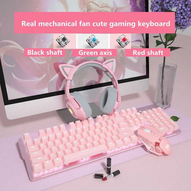 Pink mechanical keyboard and wired gaming mouse set with USB connection