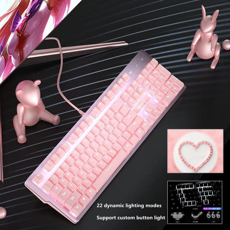 Pink mechanical keyboard and wired gaming mouse set with USB connection