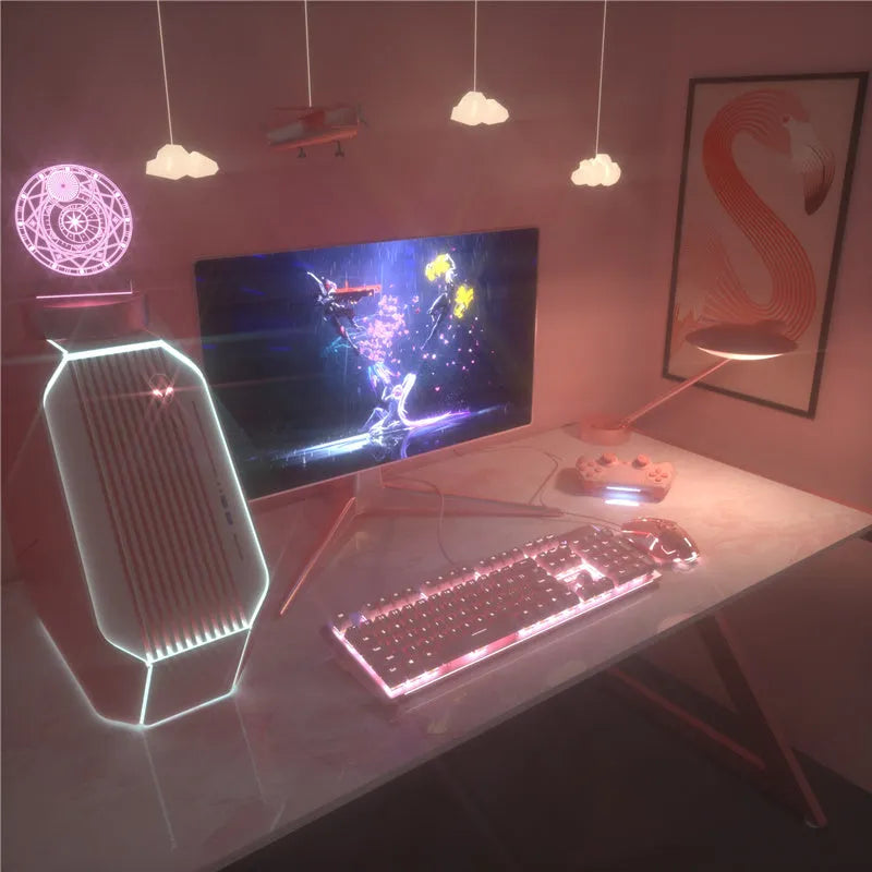 Pink mechanical keyboard and wired gaming mouse set with USB connection