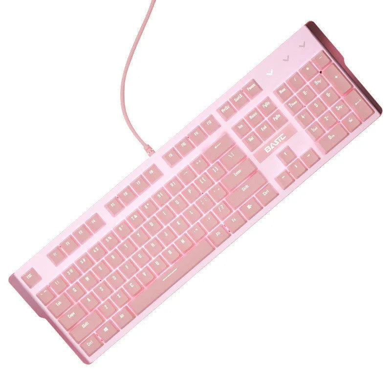 Pink mechanical keyboard and wired gaming mouse set with USB connection