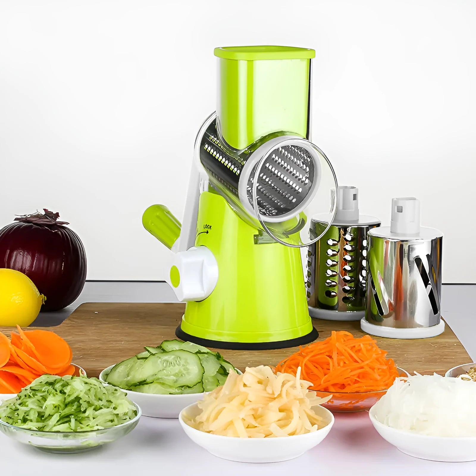 Blue vegetable chopper kitchen gadget with suction cup base and round slicer