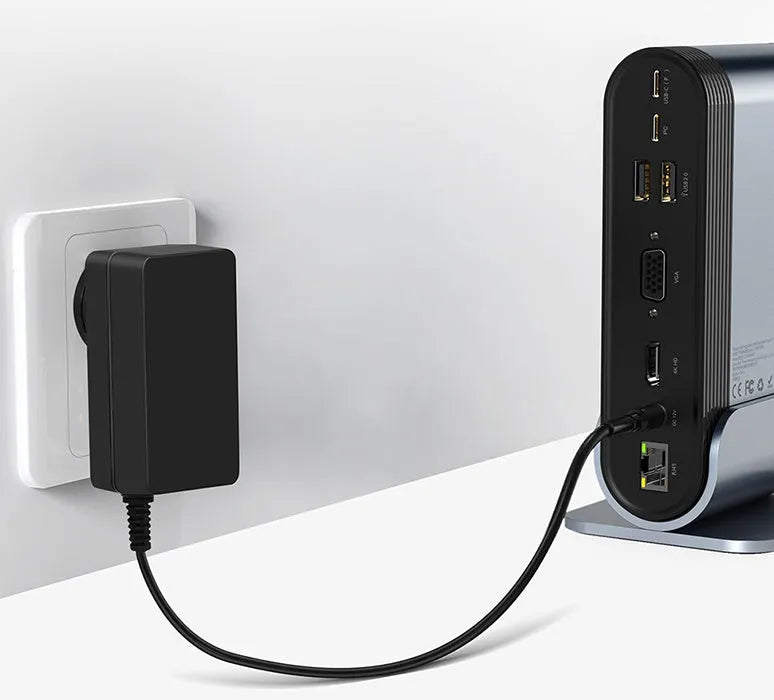 Deep space grey 16-in-1 USB-C docking station with multiple ports and external power supply unit.