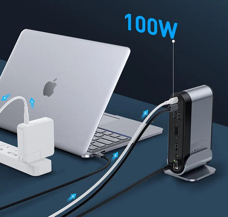 Deep space grey 16-in-1 USB-C docking station with multiple ports and external power supply unit.