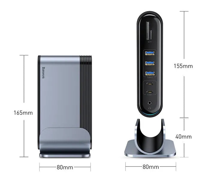 Deep space grey 16-in-1 USB-C docking station with multiple ports and external power supply unit.