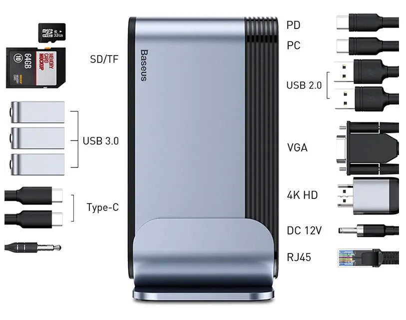 Deep space grey 16-in-1 USB-C docking station with multiple ports and external power supply unit.