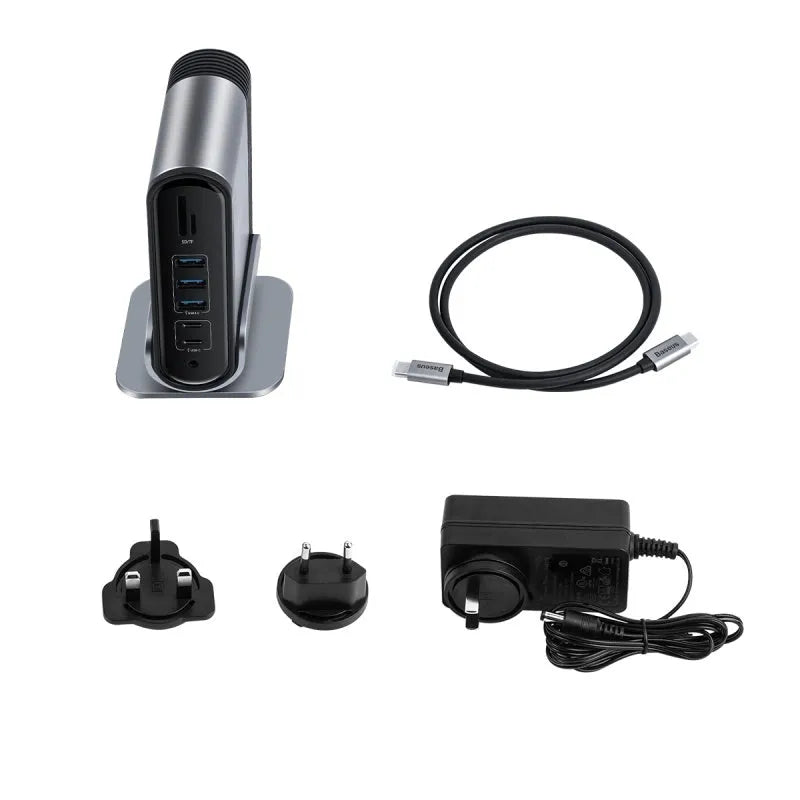 Deep space grey 16-in-1 USB-C docking station with multiple ports and external power supply unit.