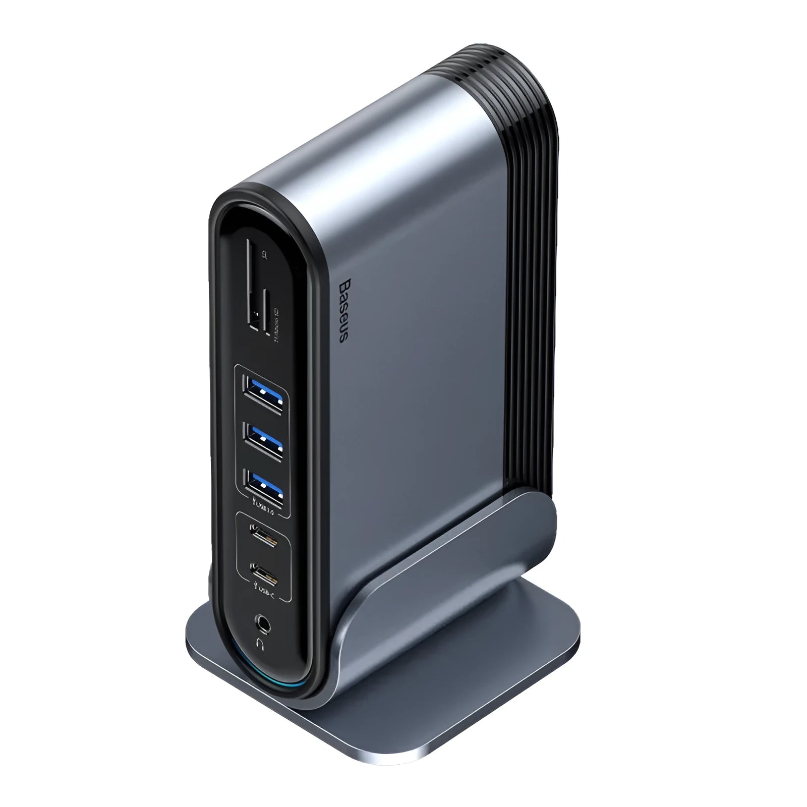 Deep space grey 16-in-1 USB-C docking station with multiple ports and external power supply unit.