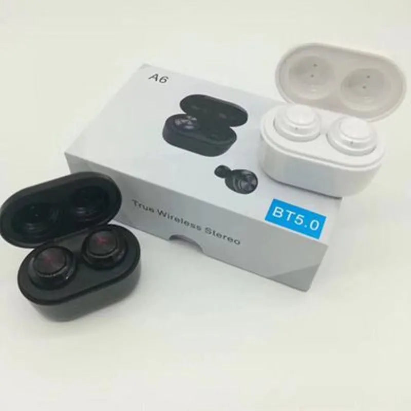 A6 noise cancelling Bluetooth headset with black and white colour options showing earplug design