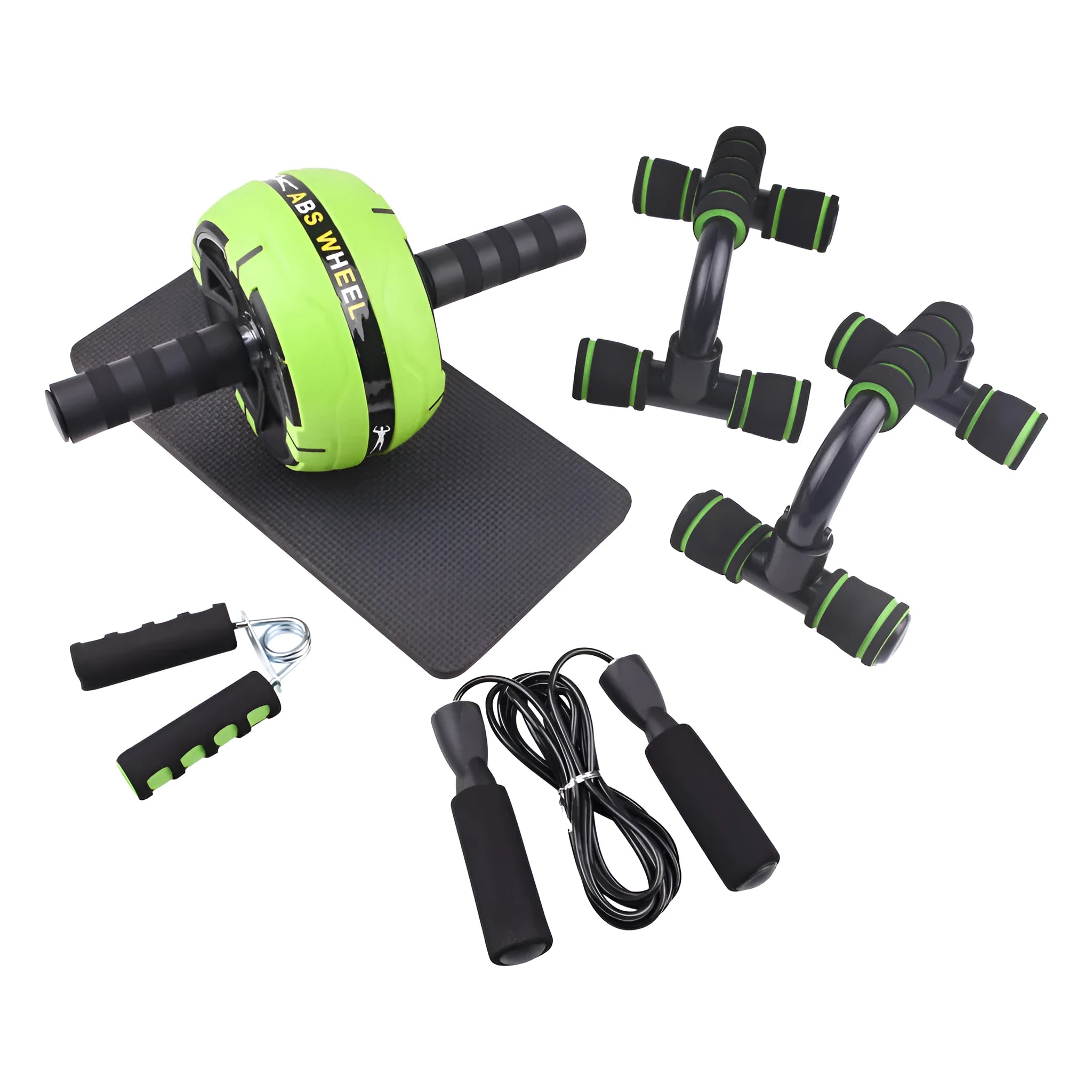 Green resistance bands set with push-up bar for abdominal and upper body training exercises
