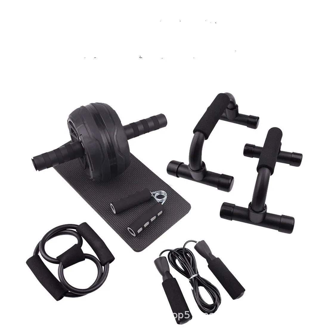 Green resistance bands set with push-up bar for abdominal and upper body training exercises
