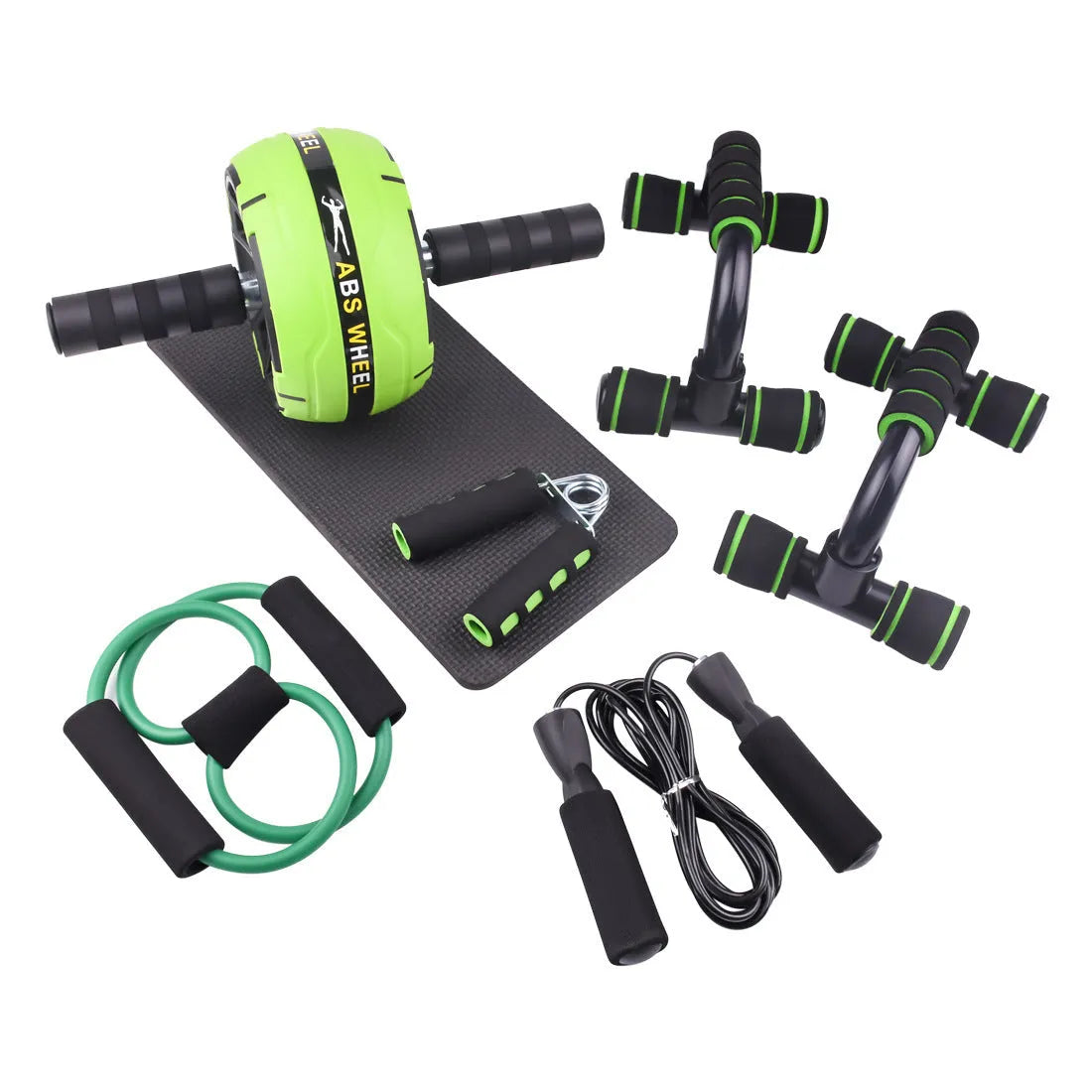 Green resistance bands set with push-up bar for abdominal and upper body training exercises