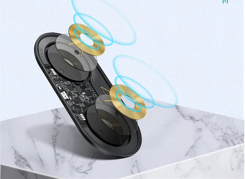 Baseus Minimalist Two-in-One Wireless Charger Pro Version for phones and pods in black, transparent, and white.